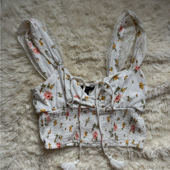 Forever 21 Floral Lace Trim Tank Top - White, Pink, Yellow - Picture 1 of 6